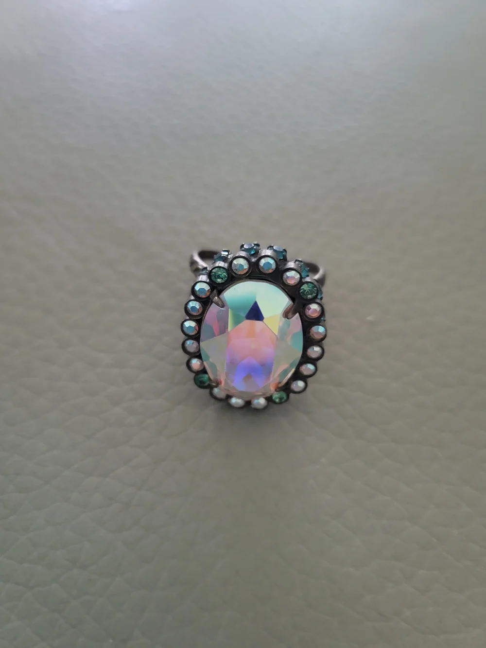 Sorrelli Iridescent Oval Crystal Ring with Green Accent Halo